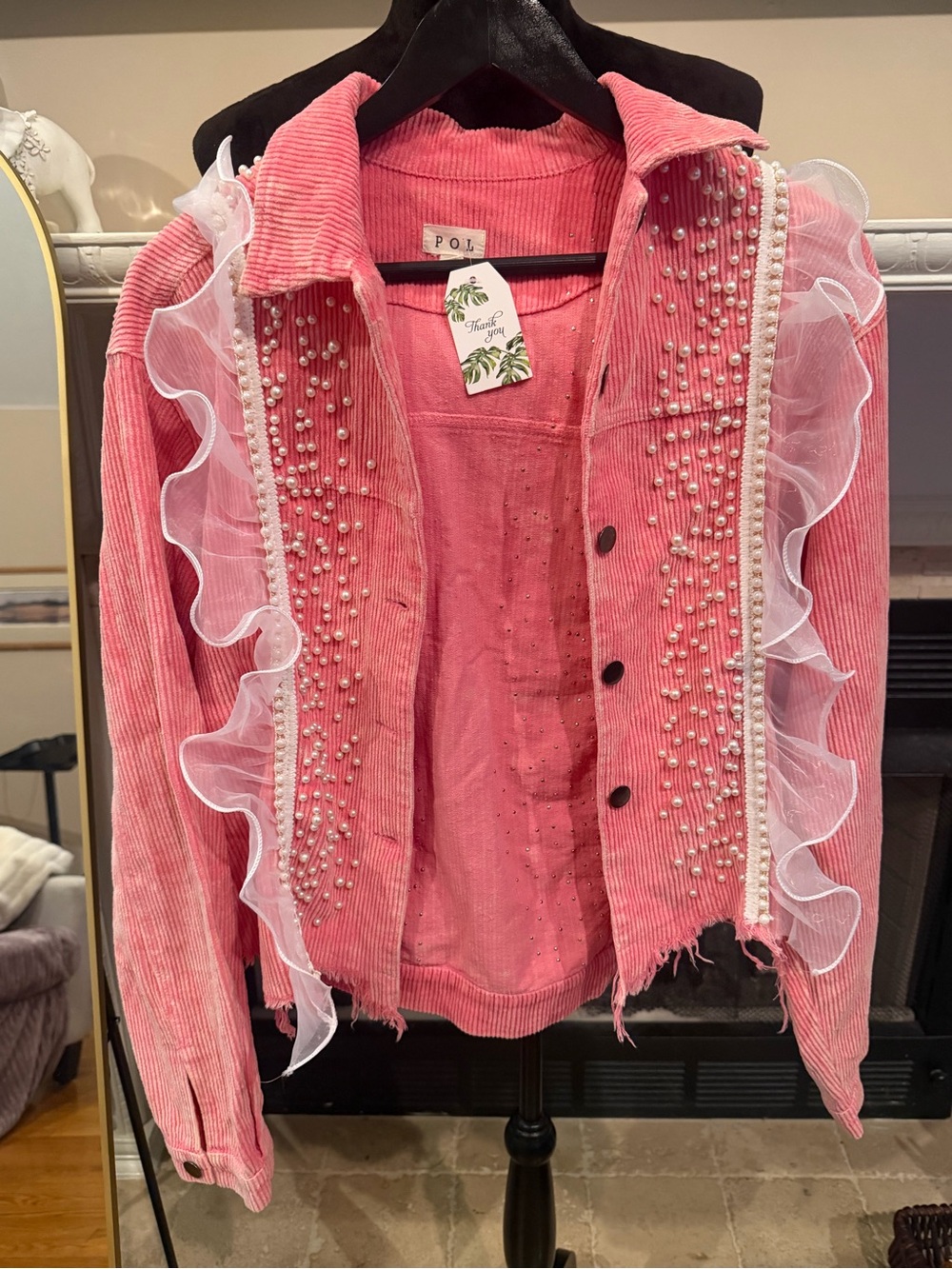 POL Pink Corduroy Pearl-Trim Ruffle Button-Down Jacket